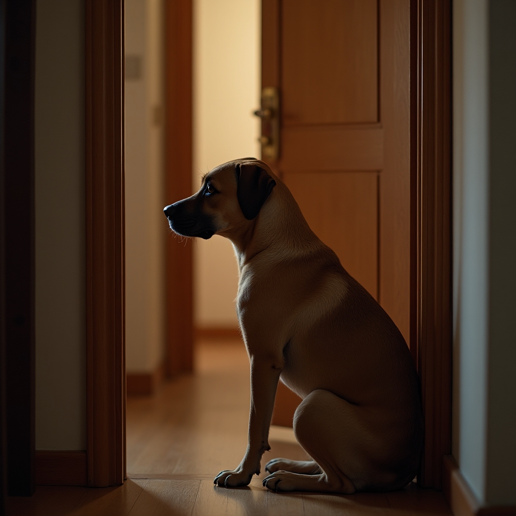 Cane che guarda la porta d'ingresso con espressione malinconica durante assenza del proprietario