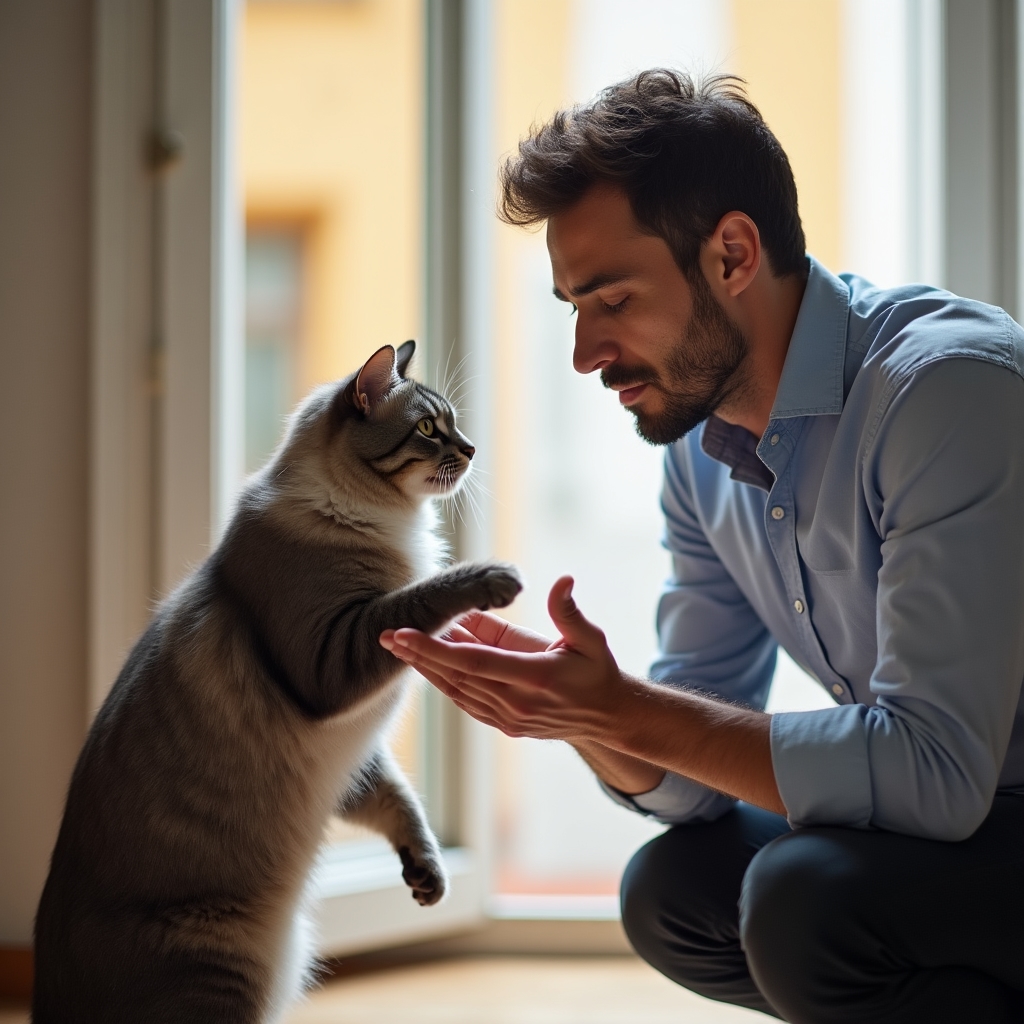 Pet sitter professionista che accarezza un gatto in ambiente domestico luminoso