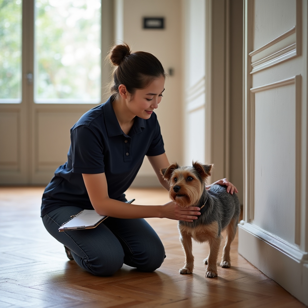 Pet sitter durante visita quotidiana a domicilio con cane di piccola taglia